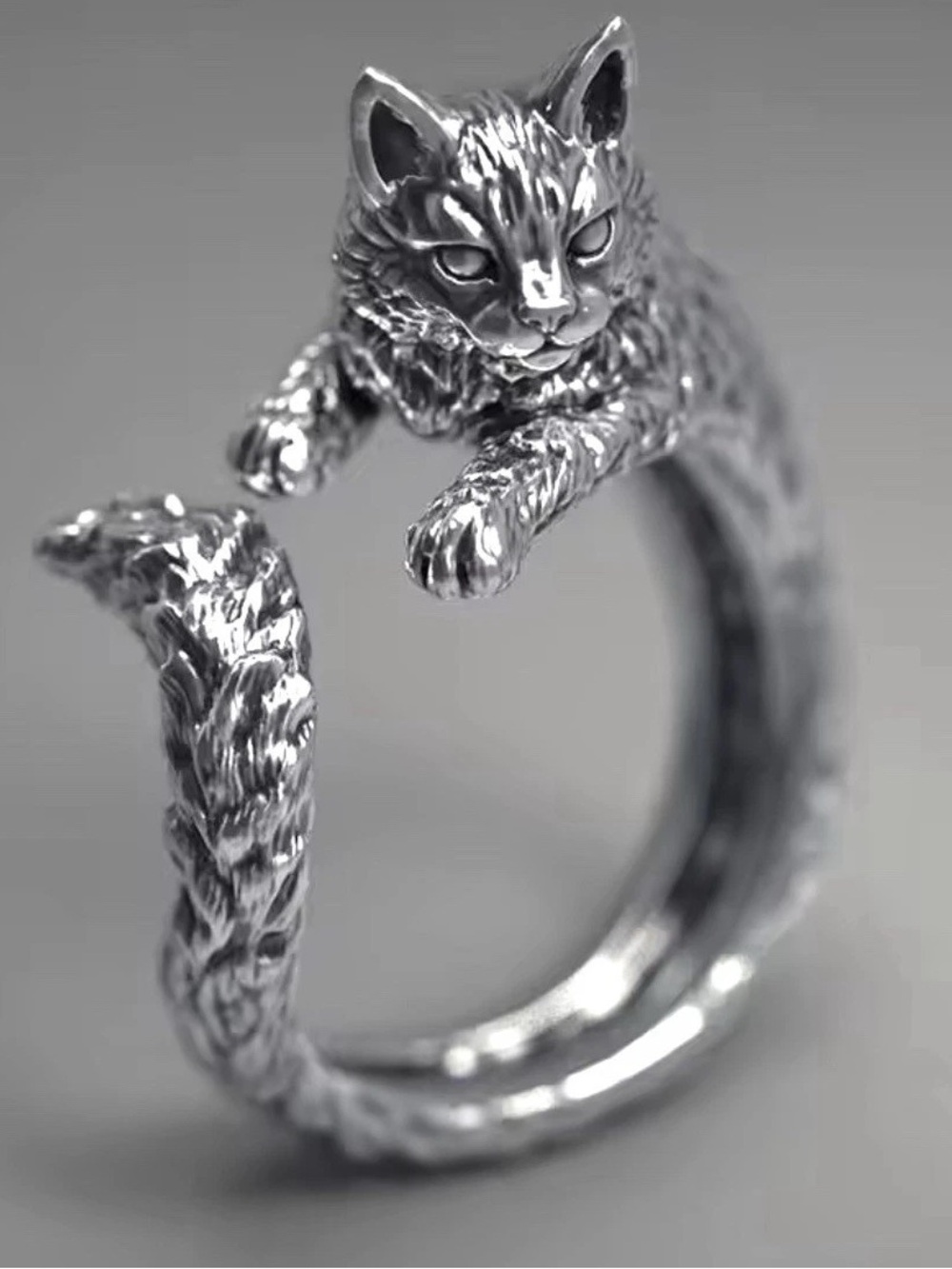 Silver Cat Wrap Ring - Cute Cat Jewelry